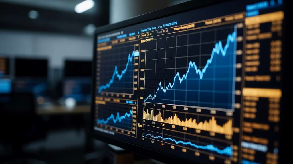 A trading terminal screen glowing with rising Treasury yield curves in blue and amber against a dark blurred trading-floor background