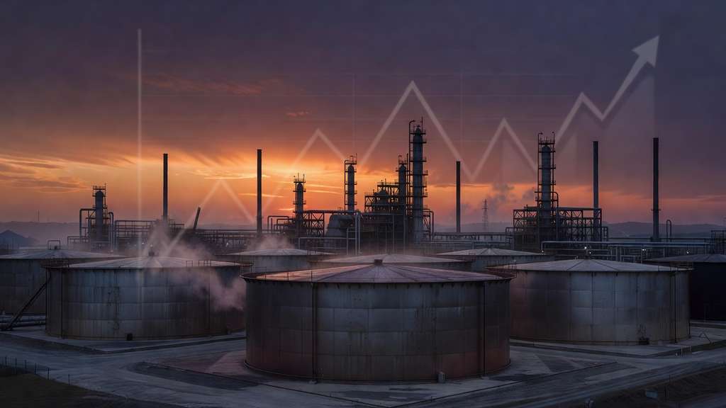 Crude oil storage tanks and a refinery silhouette at dusk under an orange and indigo sky with a faint rising price trend line