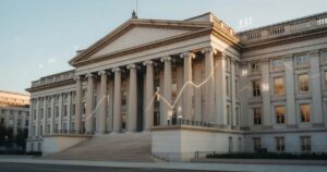 The neoclassical stone facade of the United States Treasury building at golden hour with a faint rising line-chart overlay representing climbing bond yields