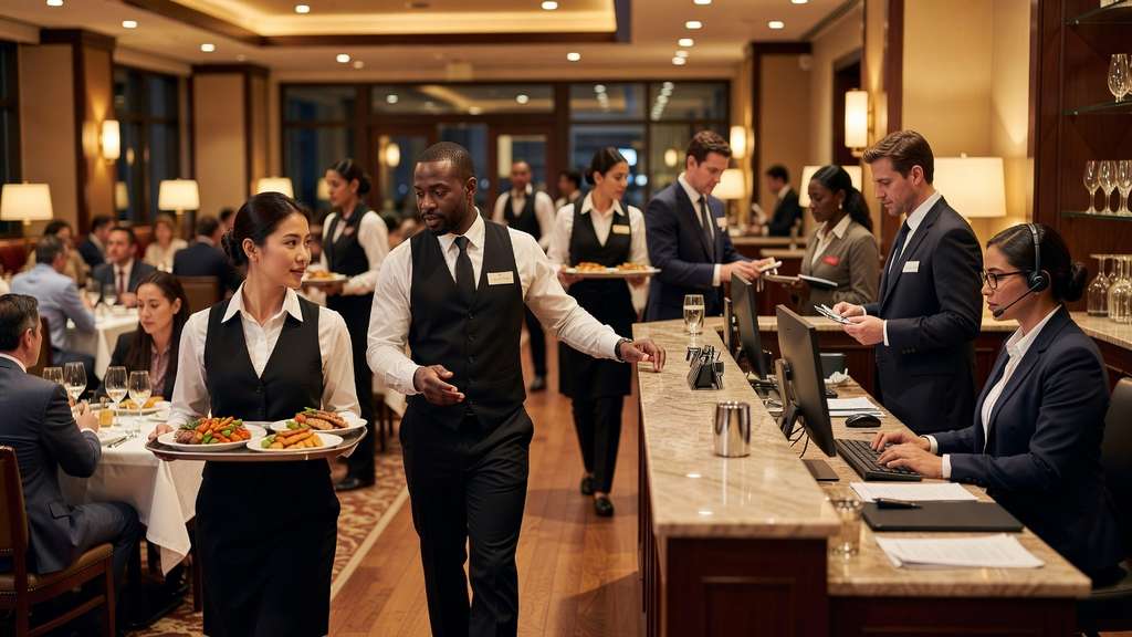 Restaurant servers and hotel front-desk staff working a busy shift reflecting strong leisure and hospitality hiring in May 2026