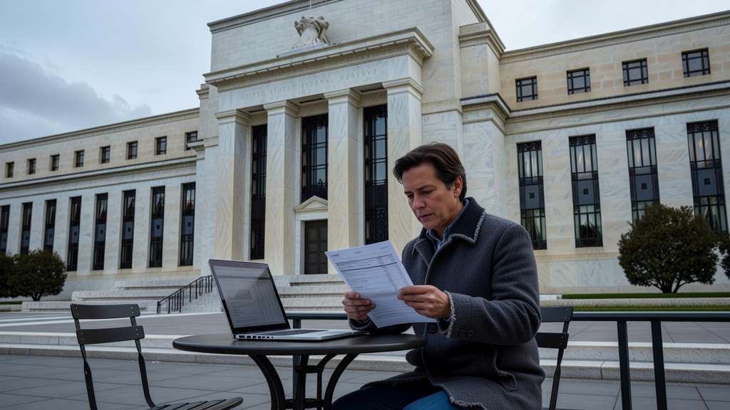 A person reviewing a credit card statement on a laptop outside the U.S. Federal Reserve building linking Fed policy to household borrowing costs