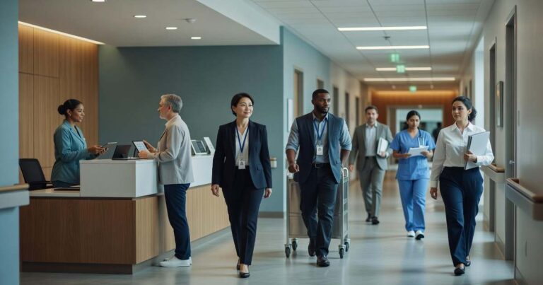 Hotel front desk and hospital corridor workers in a busy modern American workplace illustrating a steady U.S. labor market in spring 2026