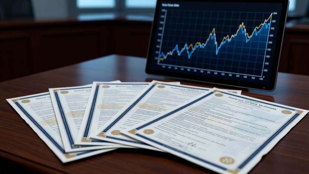 Close-up editorial photograph of long-term U.S. Treasury bond and note documents fanned across a desk beside a monitor showing a rising line chart, in cool professional office light with muted blue and gold tones
