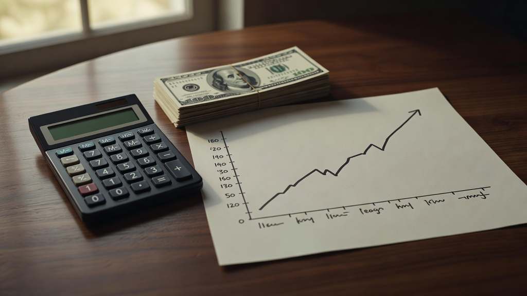 Editorial photograph of a calculator, a stack of U.S. dollar bills, and an upward-trending interest-rate chart on paper resting on a wooden desk in warm directional light with muted earthy tones