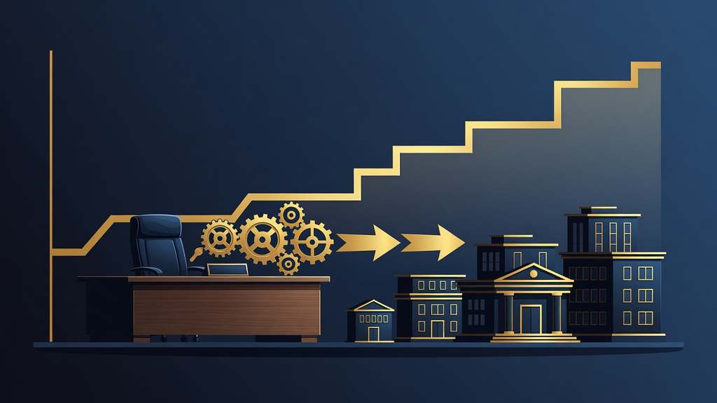 Infographic showing interest-rate transmission from a central bank policy desk through gears and arrows to commercial bank buildings with a rising chart in the background