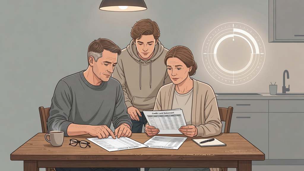 A household at a kitchen table reviewing a credit card statement and a variable-rate loan document with a glowing interest-rate dial in the background