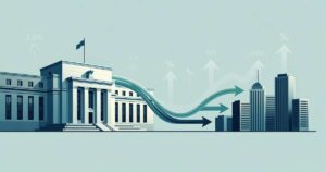 Illustration of the Federal Reserve building connected by arrows to a row of commercial bank towers, representing how the federal funds rate flows to the bank prime lending rate