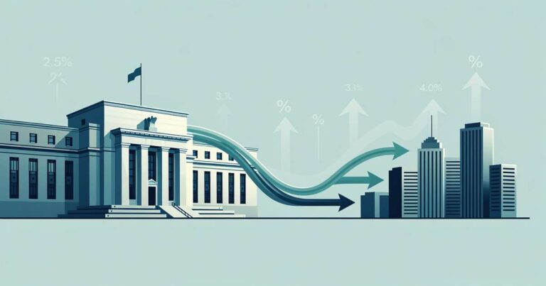 Illustration of the Federal Reserve building connected by arrows to a row of commercial bank towers, representing how the federal funds rate flows to the bank prime lending rate
