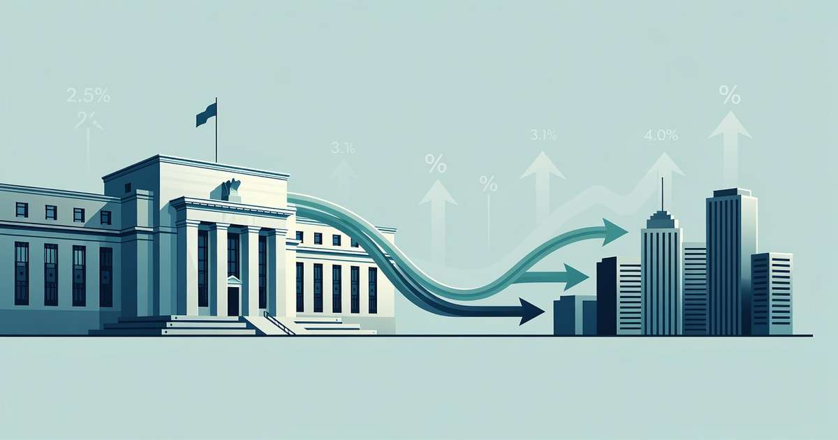 Illustration of the Federal Reserve building connected by arrows to a row of commercial bank towers, representing how the federal funds rate flows to the bank prime lending rate