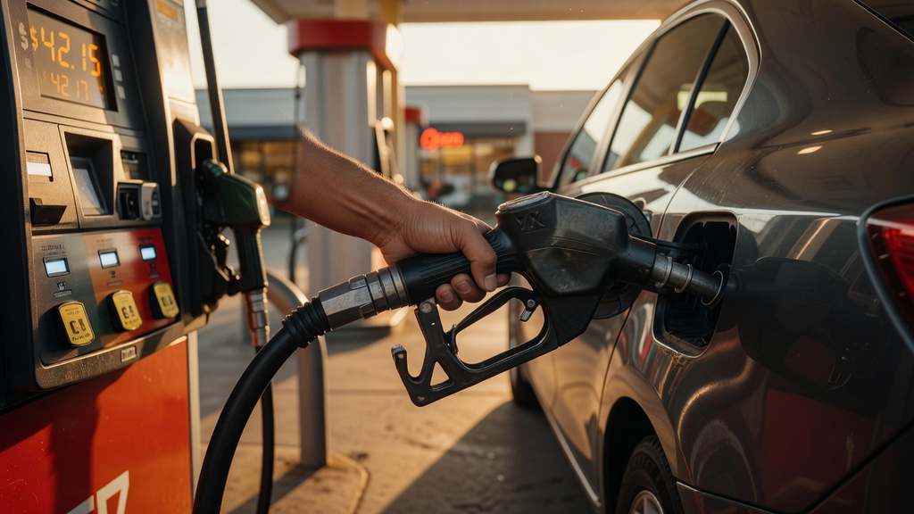 A driver holds a fuel nozzle while filling a sedan at a gas pump, with the digital display climbing past forty dollars, illustrating the 7 percent monthly jump in gasoline prices in May 2026