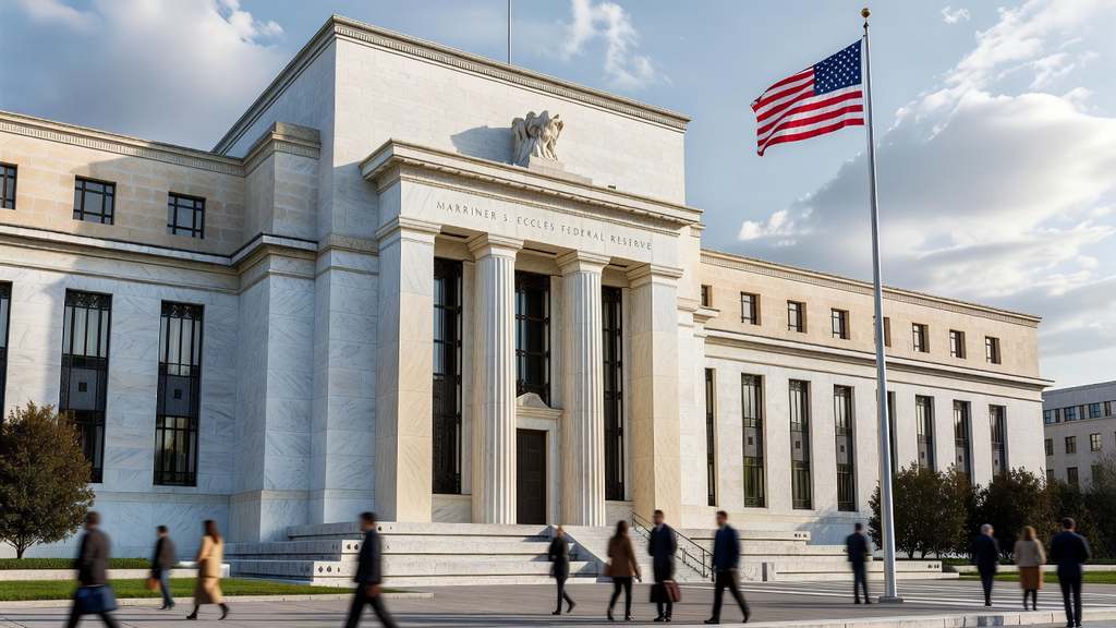 The Marriner S. Eccles Federal Reserve headquarters building in Washington with an American flag and pedestrians passing in front, days before the June 2026 FOMC meeting