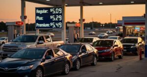 Cars line up at a gas station at dusk beneath an illuminated price sign showing regular gasoline above five dollars per gallon, reflecting the energy-driven jump in May 2026 consumer prices