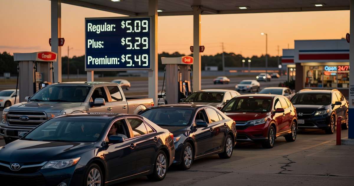 Cars line up at a gas station at dusk beneath an illuminated price sign showing regular gasoline above five dollars per gallon, reflecting the energy-driven jump in May 2026 consumer prices
