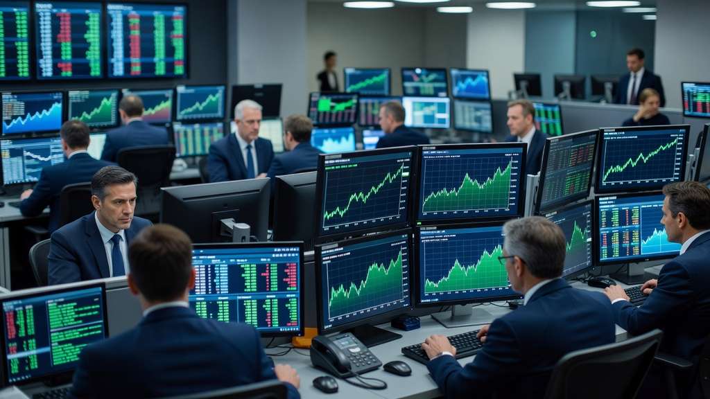 Bond traders at multi-monitor desks on a fixed-income trading floor watching long-term Treasury yield charts climb, lit by blue and green screen glow