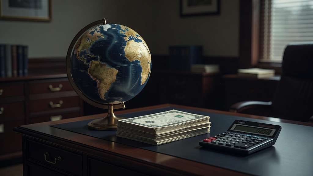 A globe on a polished desk in an institutional investment office beside stacked bond certificates and a calculator, soft window light suggesting international demand for American government debt