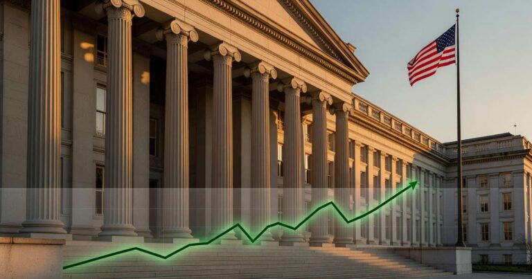 The United States Treasury Building in Washington at golden hour with granite columns and an American flag, overlaid by a faint rising yield-curve line symbolizing climbing long-term borrowing costs
