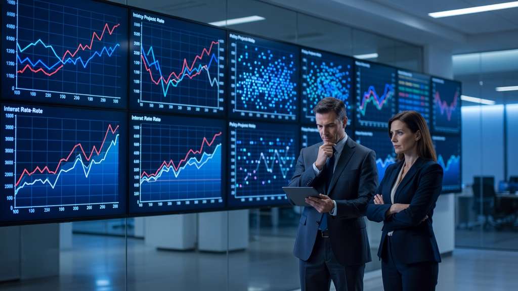 A modern financial newsroom with large wall monitors displaying interest-rate line charts and a grid of scatter-plot policy projection dots while two analysts study the screens under cool blue lighting