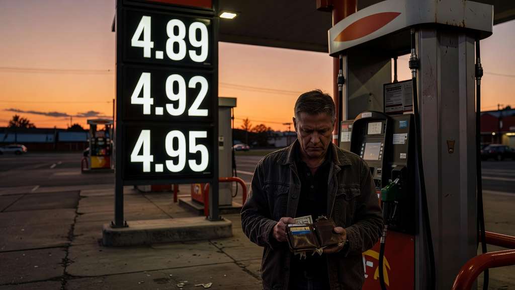 A gas station price sign at dusk showing rising fuel price numbers with a person at the pump holding a wallet under a warm amber sky, conveying inflation pressure on consumer budgets