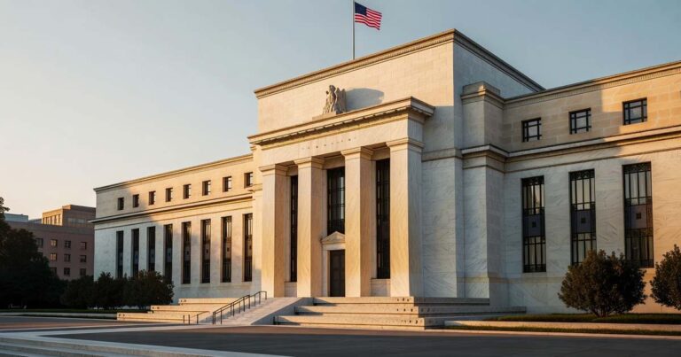 The Federal Reserve's Marriner S. Eccles building in Washington under golden late-afternoon light with neoclassical columns and an American flag, ahead of a monetary policy announcement