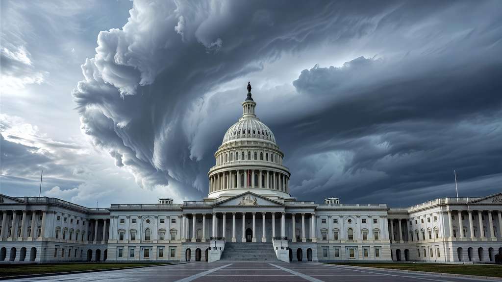 The white dome of the United States Capitol building in Washington DC viewed from a low angle against a dramatic cloudy sky, conveying the legislative authority of Congress over federal borrowing