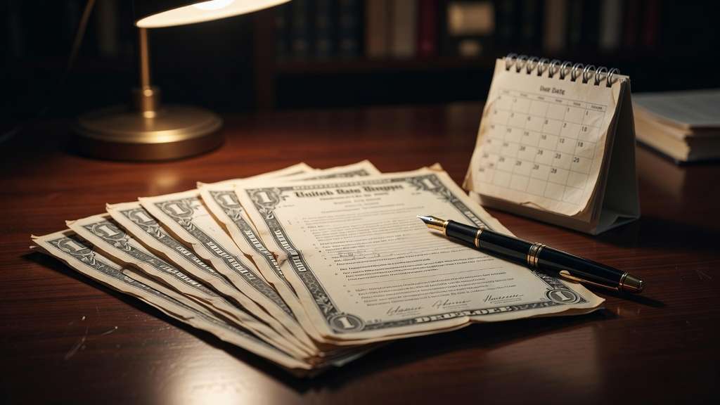 United States Treasury security certificates and bond paperwork fanned across a dark wooden desk beside a desk calendar and a fountain pen, photographed in warm focused light with shallow depth of field to suggest an approaching fiscal deadline