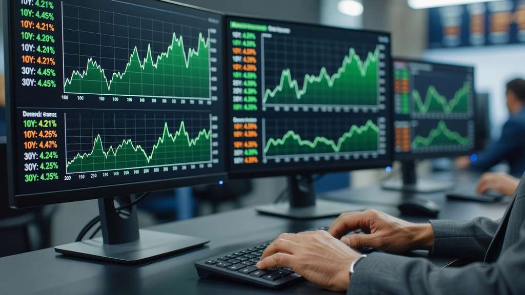 A bond trading desk with multiple monitors showing Treasury yield curves and government bond price quotes