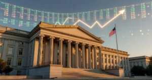 The United States Treasury Department building in Washington D.C. at golden hour with a translucent overlay of rising bond yield data in the sky