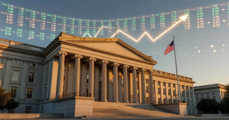 The United States Treasury Department building in Washington D.C. at golden hour with a translucent overlay of rising bond yield data in the sky