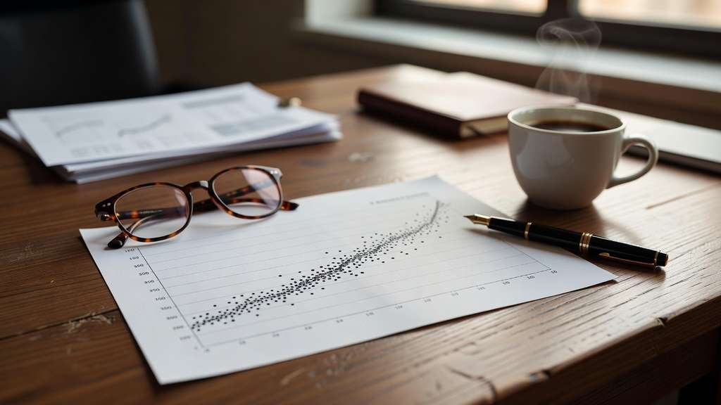 An economist's desk with a printed scatter chart of interest-rate projection dots trending upward beside eyeglasses and a pen
