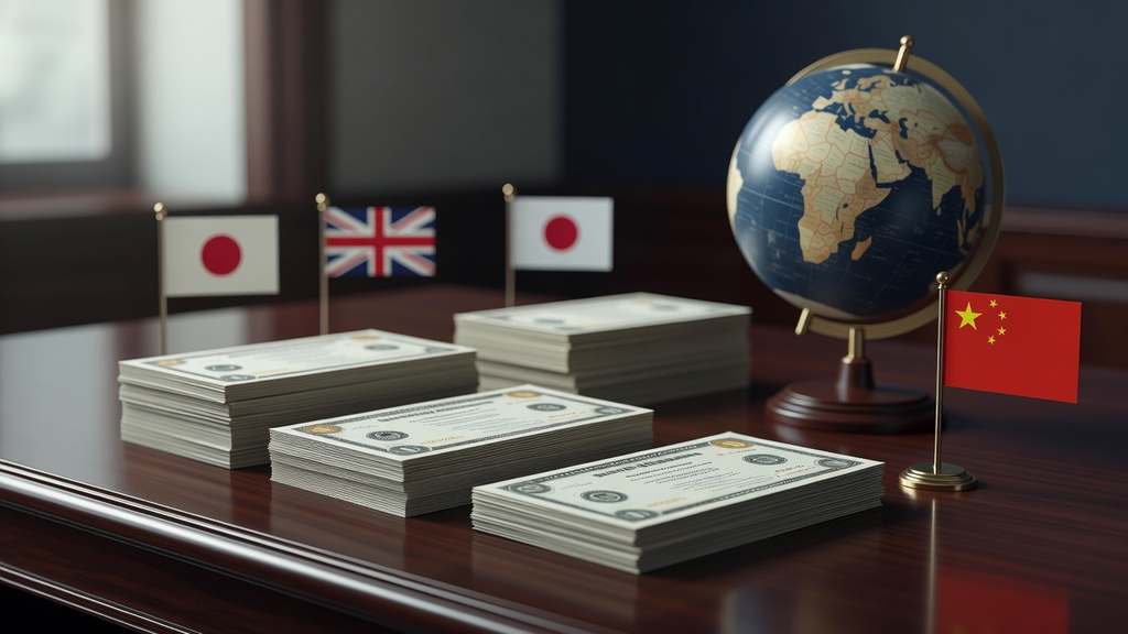 Stacks of U.S. Treasury bond certificates on a polished wood desk beside a globe, with small Japanese, British, and Chinese flags standing among the documents.