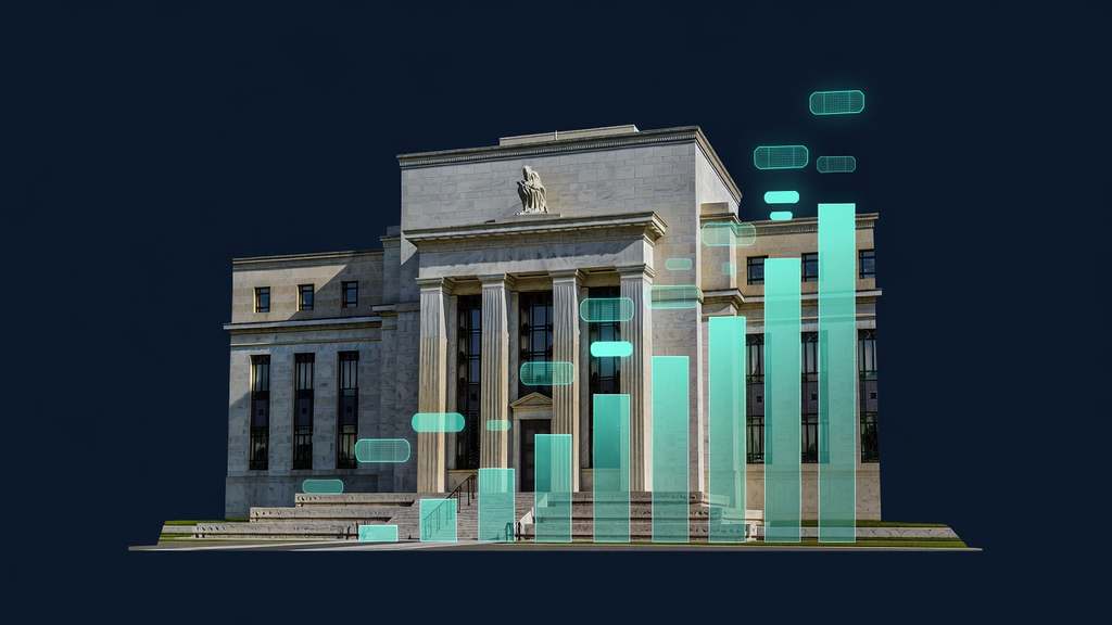 The stone facade of the U.S. Federal Reserve building with a glowing teal bar chart and bond icons overlaid, representing the central bank's large holdings of Treasury debt.