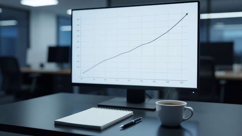 A modern bond trading desk monitor displaying an upward sloping line chart climbing to the right under cool office light