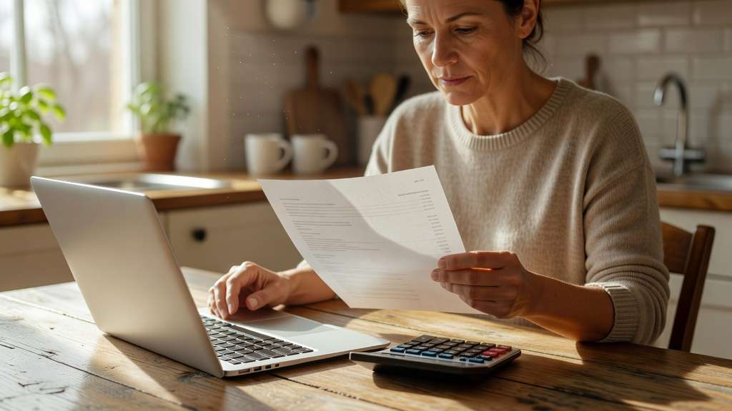 A person at a kitchen table in warm morning light reviewing a printed loan statement beside an open laptop and a calculator