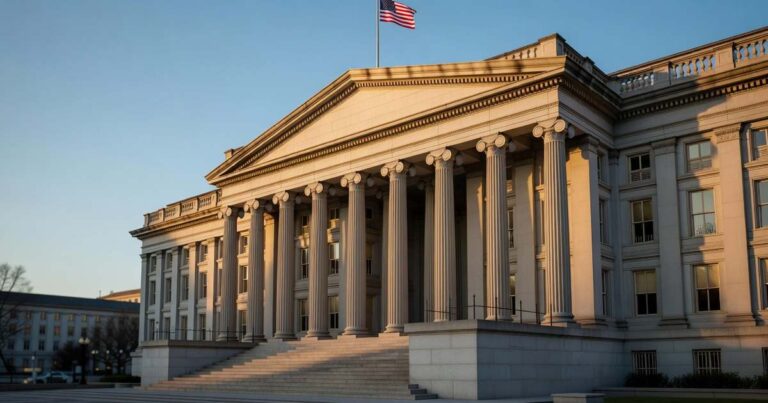 The neoclassical stone facade of the U.S. Treasury Department building in Washington at golden hour with the American flag against a clear sky