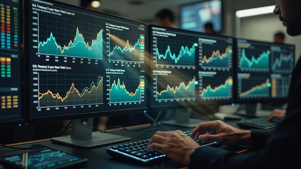 Bond trading desk with monitors showing U.S. Treasury 2-year note yield curves and auction results