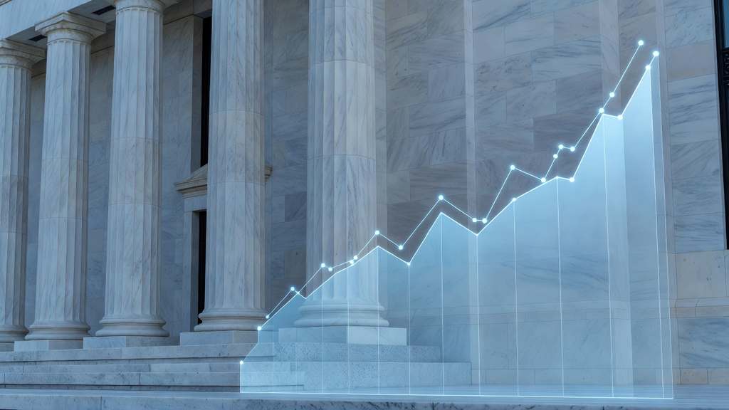 Federal Reserve building columns beside an upward-trending interest rate line graph