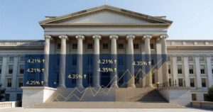 U.S. Treasury Department building in Washington with an overlay of rising bond yield figures and an auction bid chart