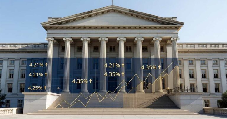 U.S. Treasury Department building in Washington with an overlay of rising bond yield figures and an auction bid chart