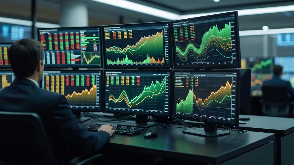 Trading floor monitors displaying U.S. Treasury seven-year note auction results and yield curve charts