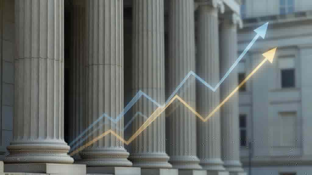 U.S. Treasury building exterior beside a rising inflation and interest rate line chart