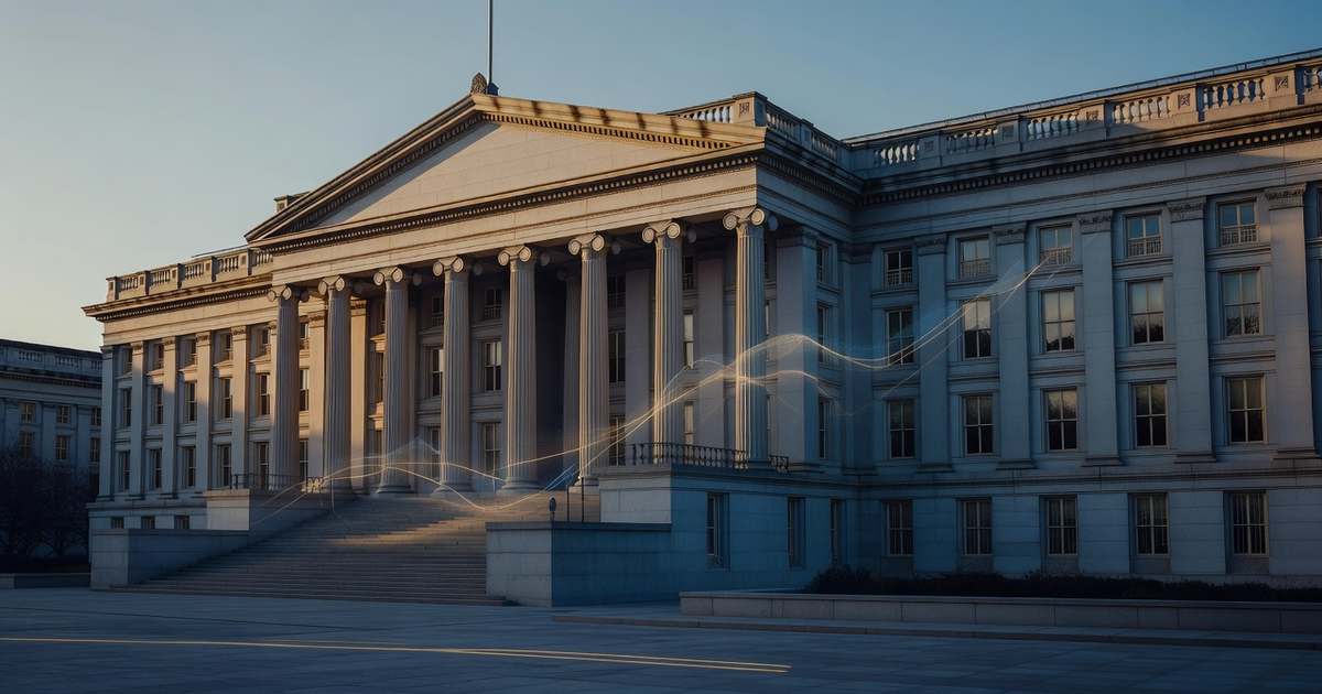 U.S. Treasury Department building with an overlaid rising bond yield curve representing the seven-year note auction