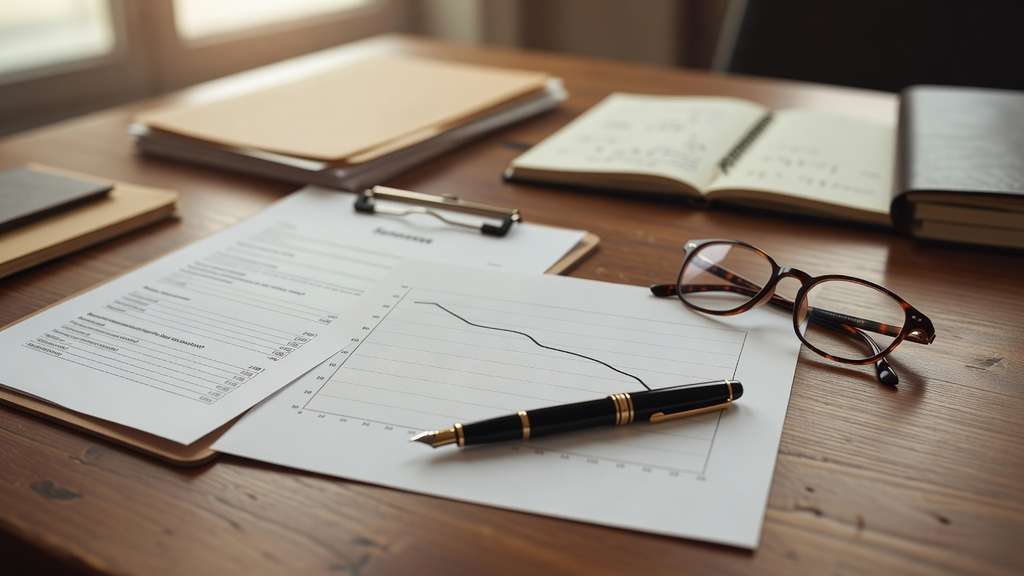 A wooden office desk in soft window light holding a printed line chart on white paper showing a curve that trends downward, a clipboard with a survey questionnaire, eyeglasses, an open notebook, and a fountain pen