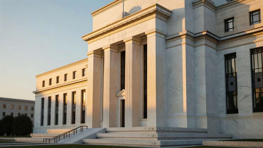 The white marble neoclassical facade of the Federal Reserve building in Washington DC photographed at golden hour from a low three-quarter angle with tall fluted columns and a broad stone staircase lit by warm late-day sun