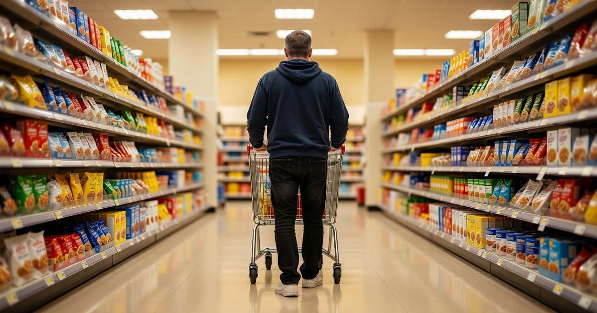 A shopper seen from behind pushes a metal grocery cart down a brightly lit American supermarket aisle lined with colorful packaged food boxes and bags on tall shelves under warm overhead lighting reflecting off a polished floor