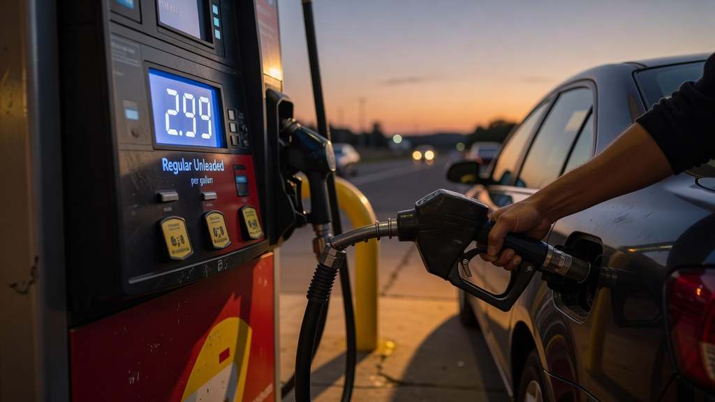 A close-up of a gas station fuel pump with a glowing price display at dusk as a person holds the nozzle to refuel a dark sedan, with warm orange sunset light along the roadside in the background