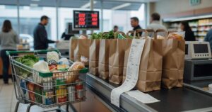 A busy supermarket checkout lane in soft daylight with a wire shopping cart full of groceries beside several brown paper bags and a long printed cash register receipt unspooling onto the conveyor belt, shoppers and a price display blurred in the background