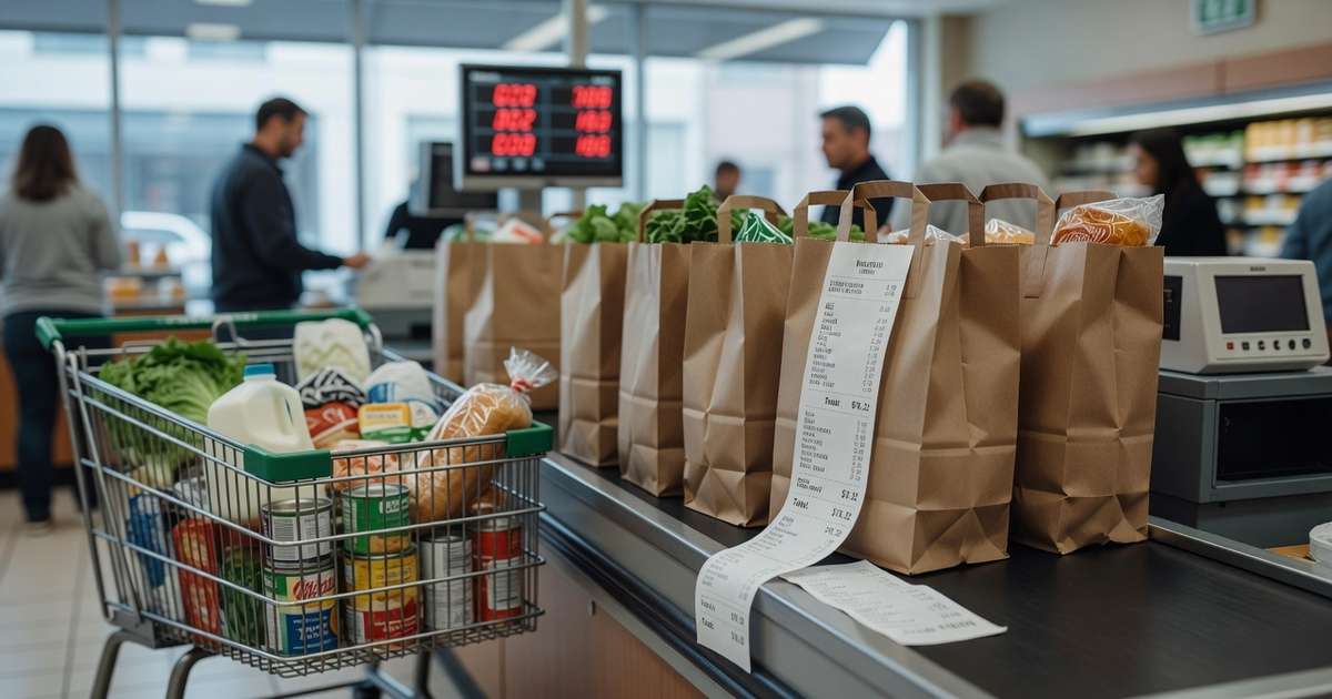 A busy supermarket checkout lane in soft daylight with a wire shopping cart full of groceries beside several brown paper bags and a long printed cash register receipt unspooling onto the conveyor belt, shoppers and a price display blurred in the background