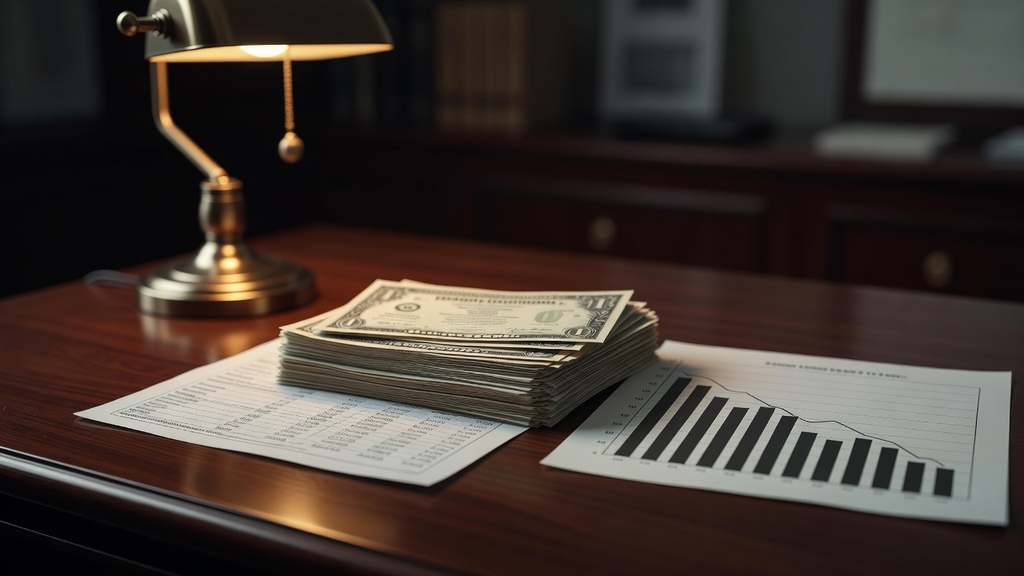 Stacked U.S. Treasury securities and a Federal Reserve document beside a downward-trending printed bar chart on a dark wood desk