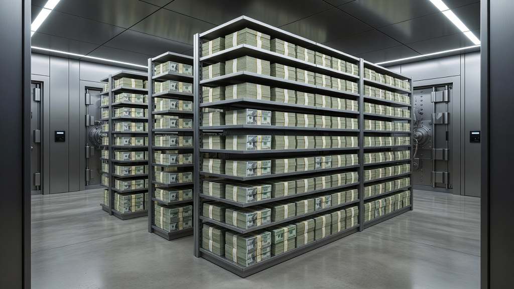 The interior of a modern bank vault with rows of stacked currency representing abundant reserves in the banking system