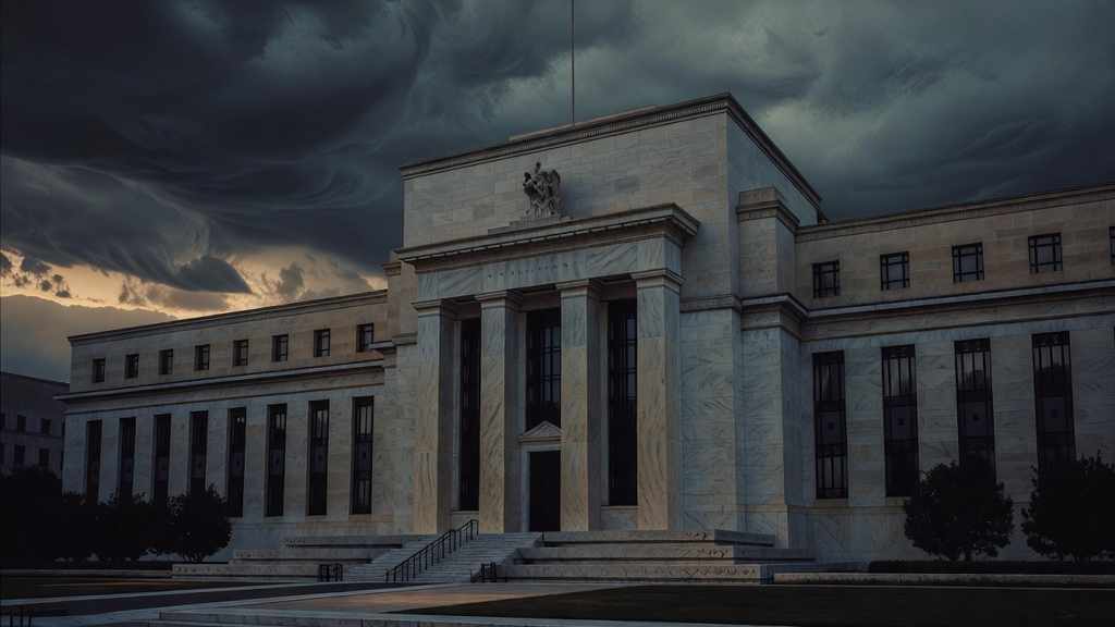Stately central bank building with classical columns under a dramatic overcast sky evoking the early 1980s era of very high interest rates